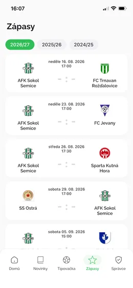 Obrazovka Zápasy v aplikaci Náš Klub – rozpis nadcházejících utkání
